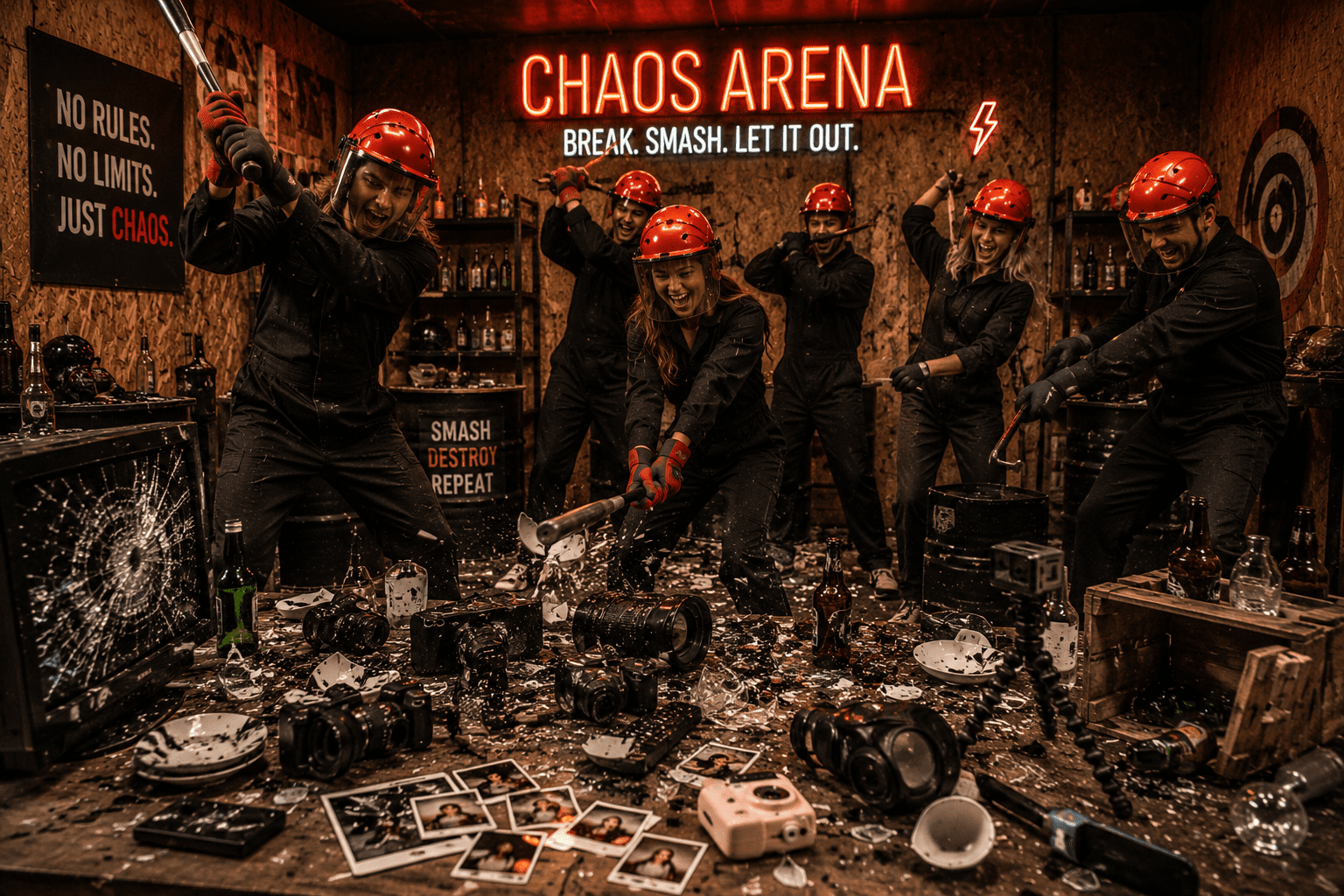 Large group enjoying the Chaos Arena smash room experience in Amsterdam while breaking electronics, bottles, and objects together during a team building and group adrenaline activity.